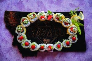 sushi on a montana shaped platter